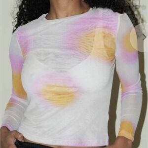 Find Me Now Women Mesh Top Aura Abstract Print S Pink Orange Long Sleeve bright
